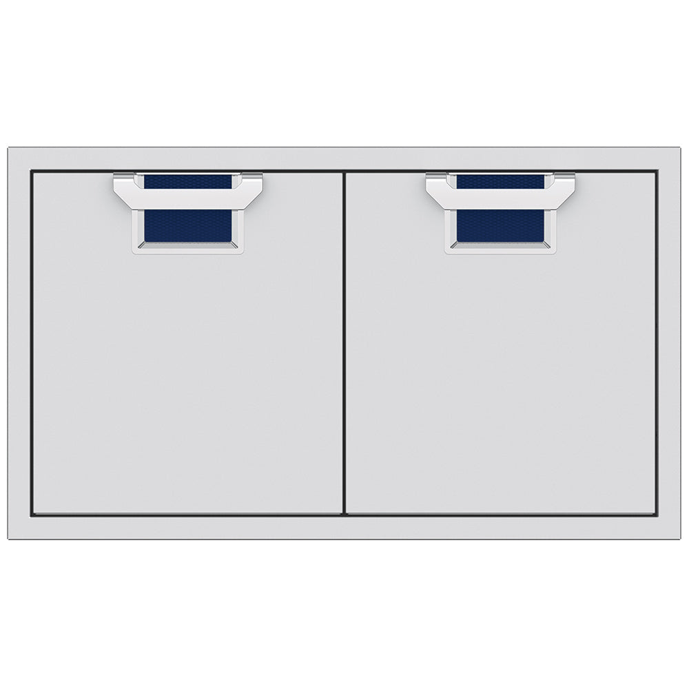 Double access doors with dark blue mesh vent grilles and split two-panel design