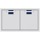 Double access doors with dark blue mesh vent grilles and split two-panel design