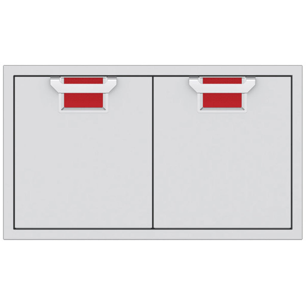 Double access doors with red mesh vent grilles and split two-panel design