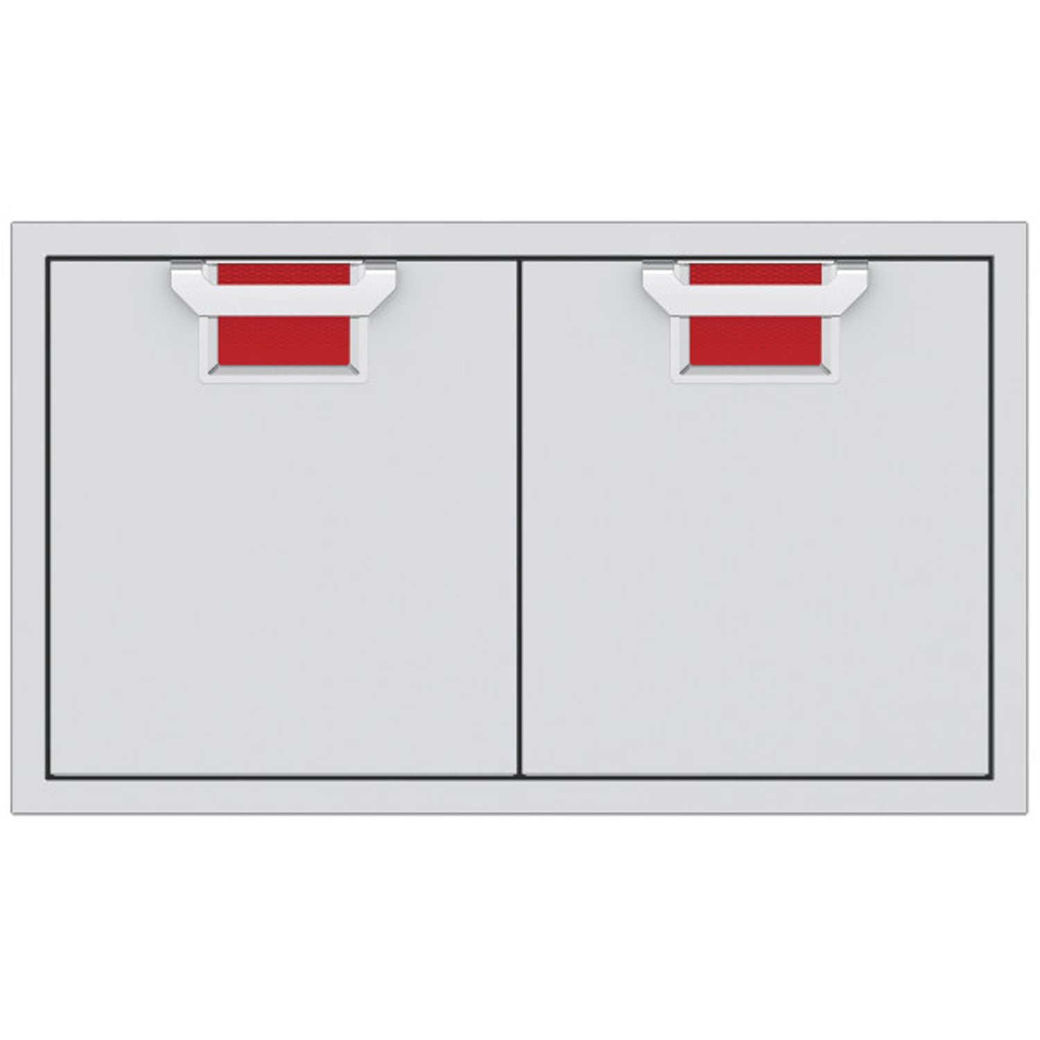 Double access doors with red mesh vent grilles and split two-panel design