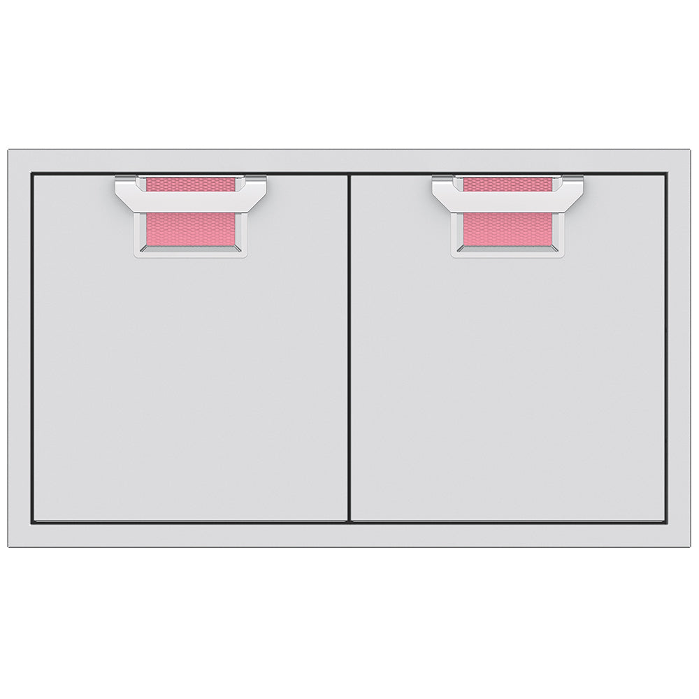 Double access doors with pink mesh vent grilles and split two-panel design