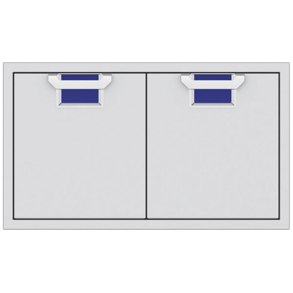Double access doors with blue mesh vent grilles and split two-panel design