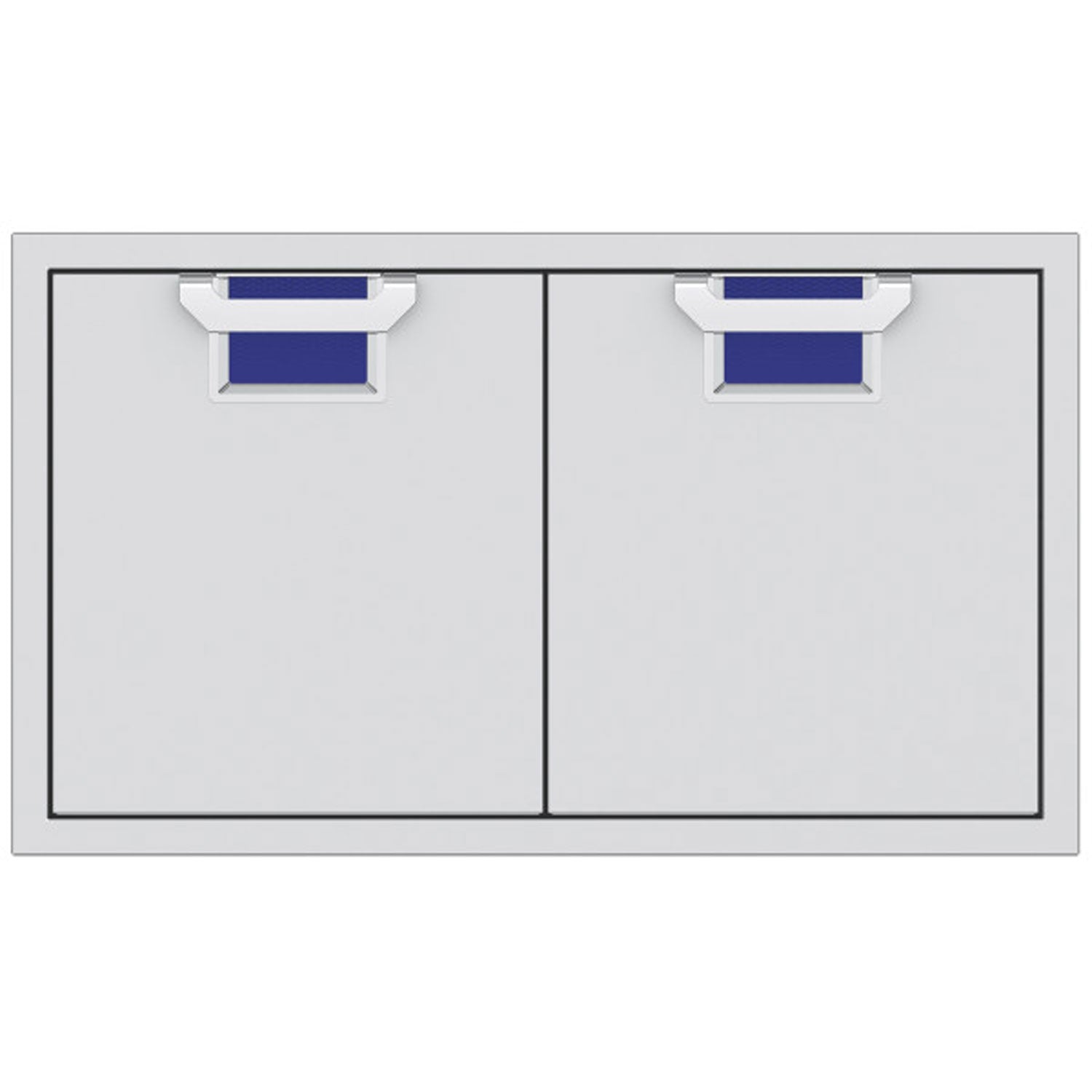 Double access doors with blue mesh vent grilles and split two-panel design