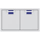 Double access doors with blue mesh vent grilles and split two-panel design