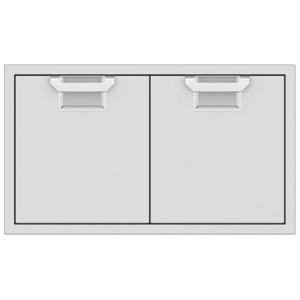 Double access doors with gray mesh vent grilles and split two-panel design