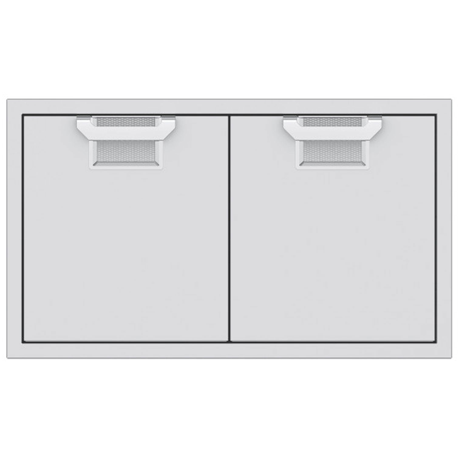 Double access doors with gray mesh vent grilles and split two-panel design