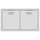 Double access doors with gray mesh vent grilles and split two-panel design