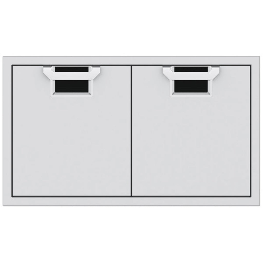 Double access doors with black mesh vent grilles and split two-panel design