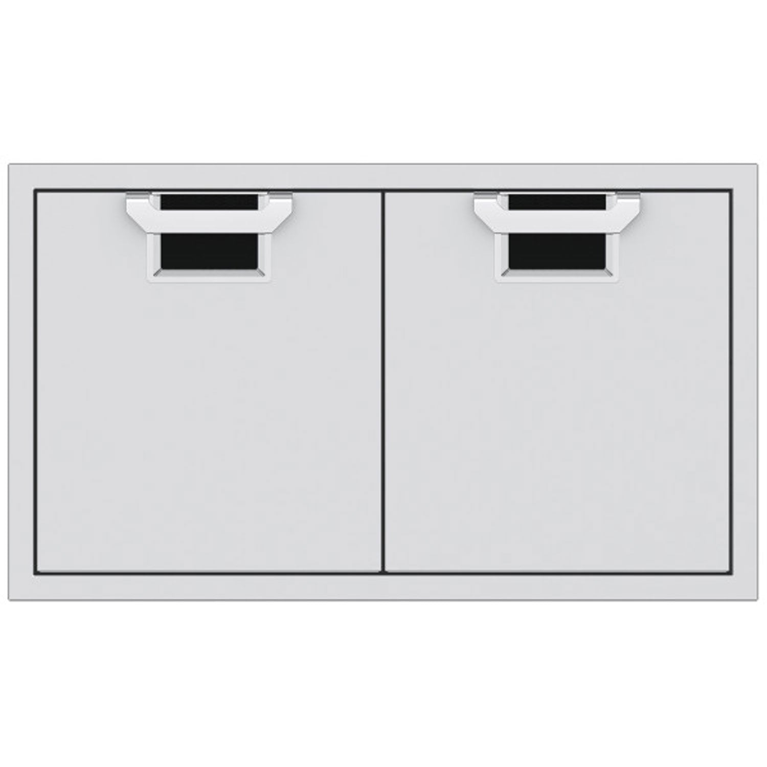 Double access doors with black mesh vent grilles and split two-panel design