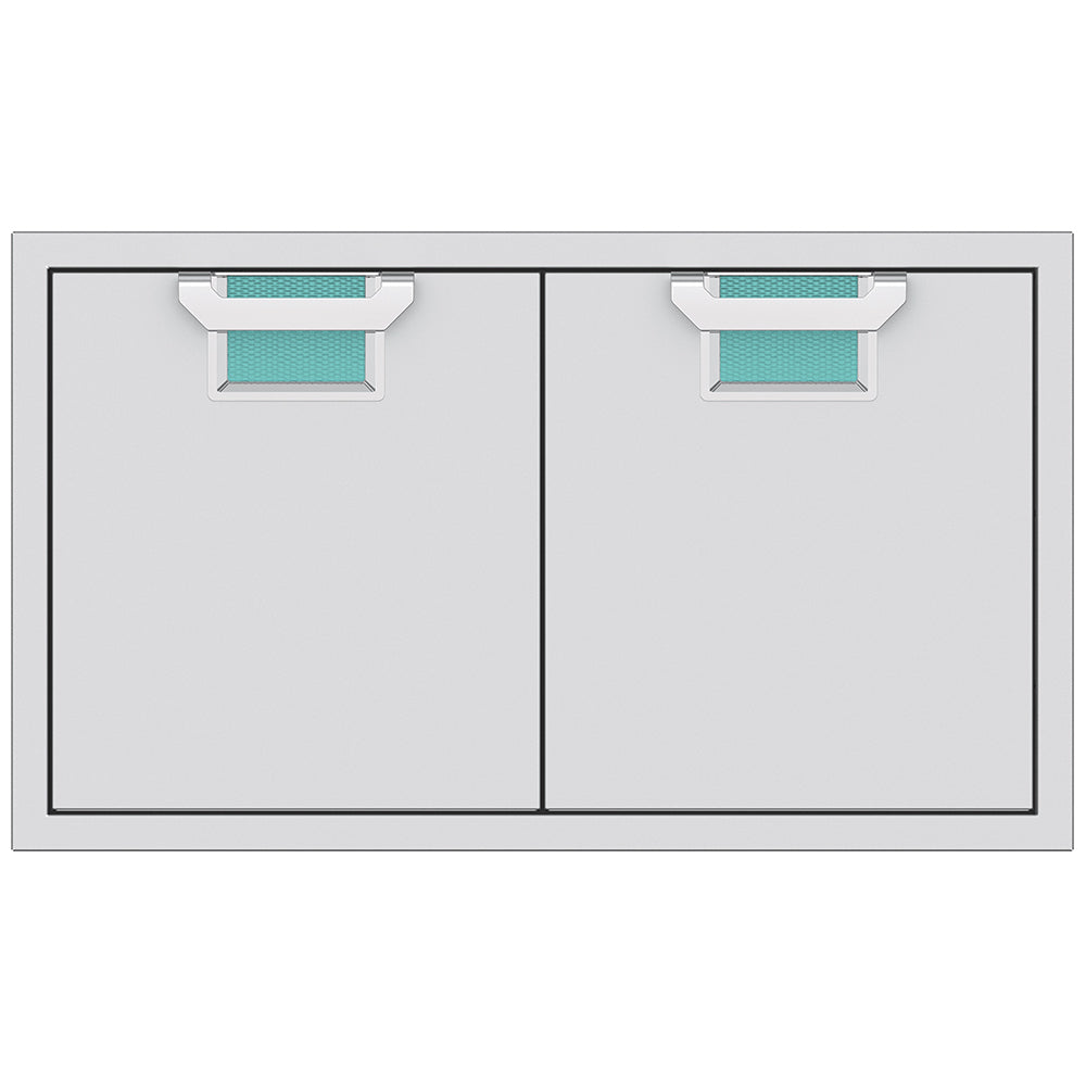 Double access doors by Hestan with turquoise inset pulls