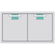 Double access doors by Hestan with turquoise inset pulls