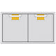 Double access doors by Hestan with yellow inset pulls