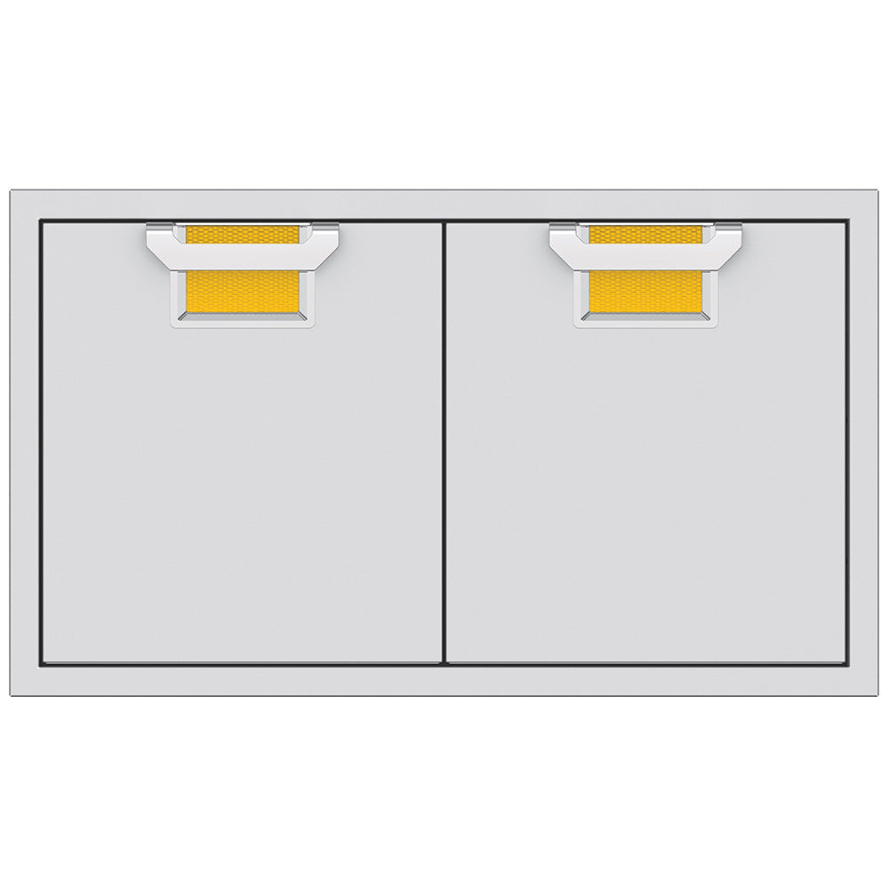 Double access doors by Hestan with yellow inset pulls