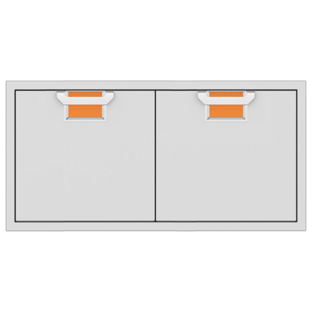 Double access doors with two square orange mesh vents, light gray metal frame
