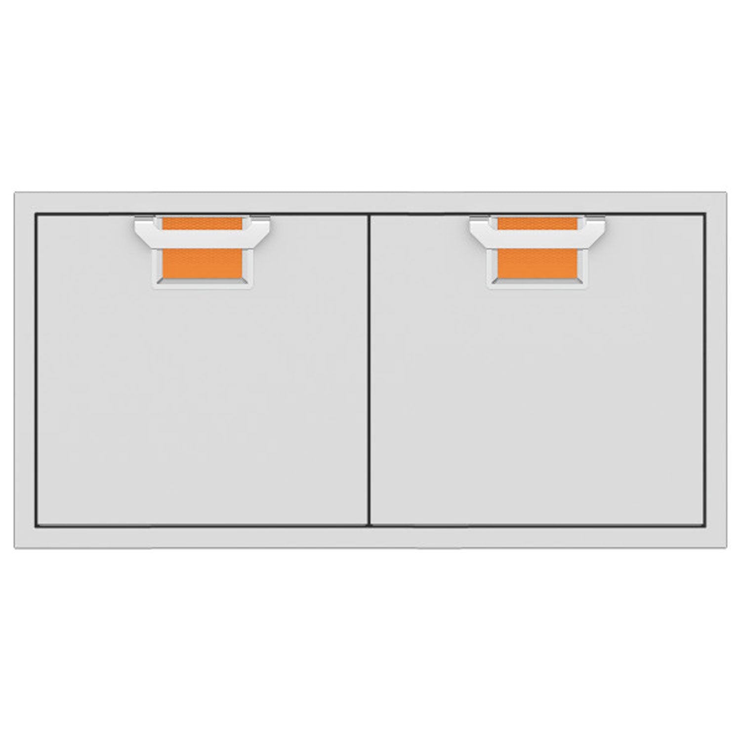 Double access doors with two square orange mesh vents, light gray metal frame