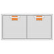 Double access doors with two square orange mesh vents, light gray metal frame
