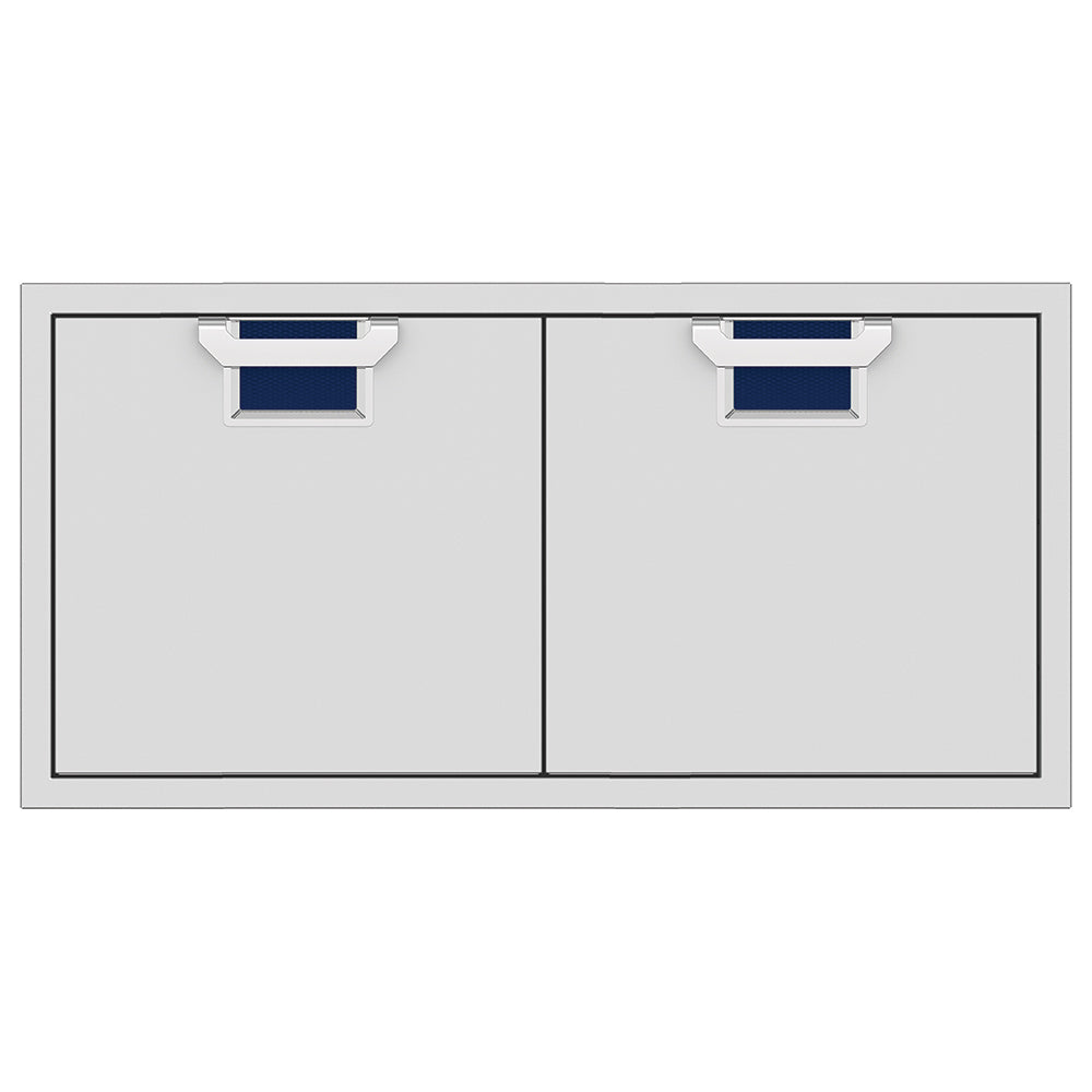Double access doors with two square deep blue mesh vents, light gray metal frame