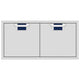 Double access doors with two square deep blue mesh vents, light gray metal frame