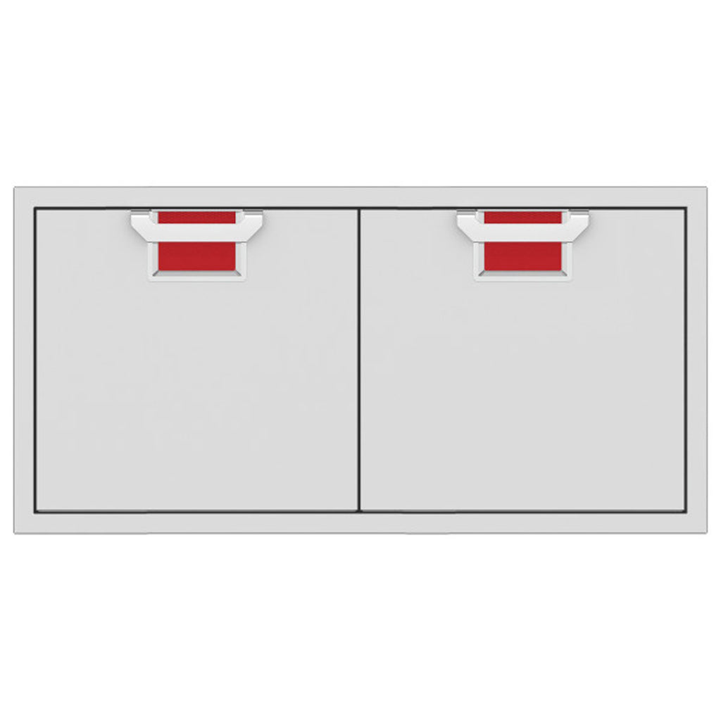 Double access doors with two square red mesh vents, light gray metal frame