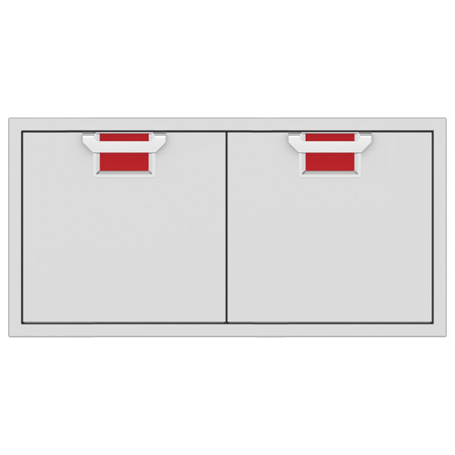 Double access doors with two square red mesh vents, light gray metal frame