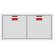 Double access doors with two square red mesh vents, light gray metal frame