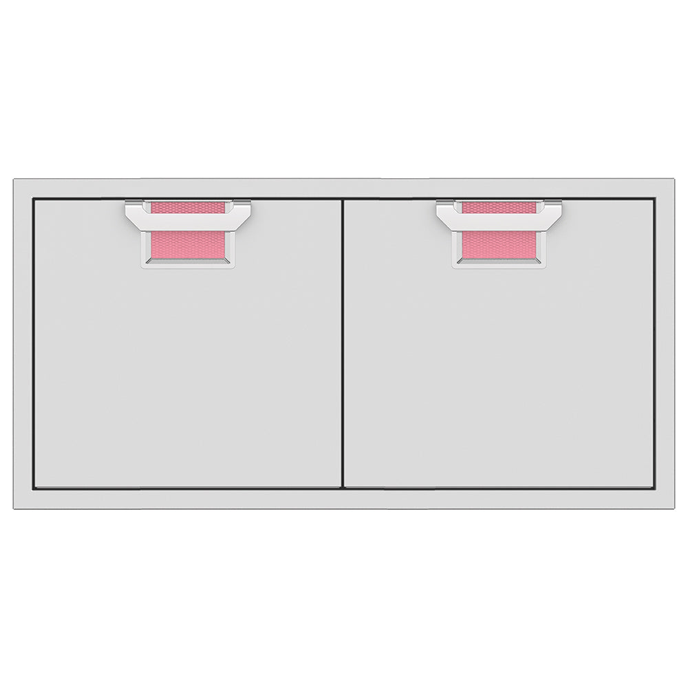 Double access doors with two square pink mesh vents, light gray metal frame