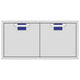 Double access doors with two square blue mesh vents, light gray metal frame