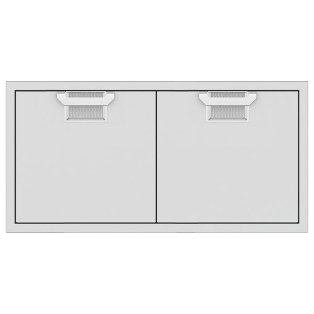 Double access doors with two square gray mesh vents, light gray metal frame