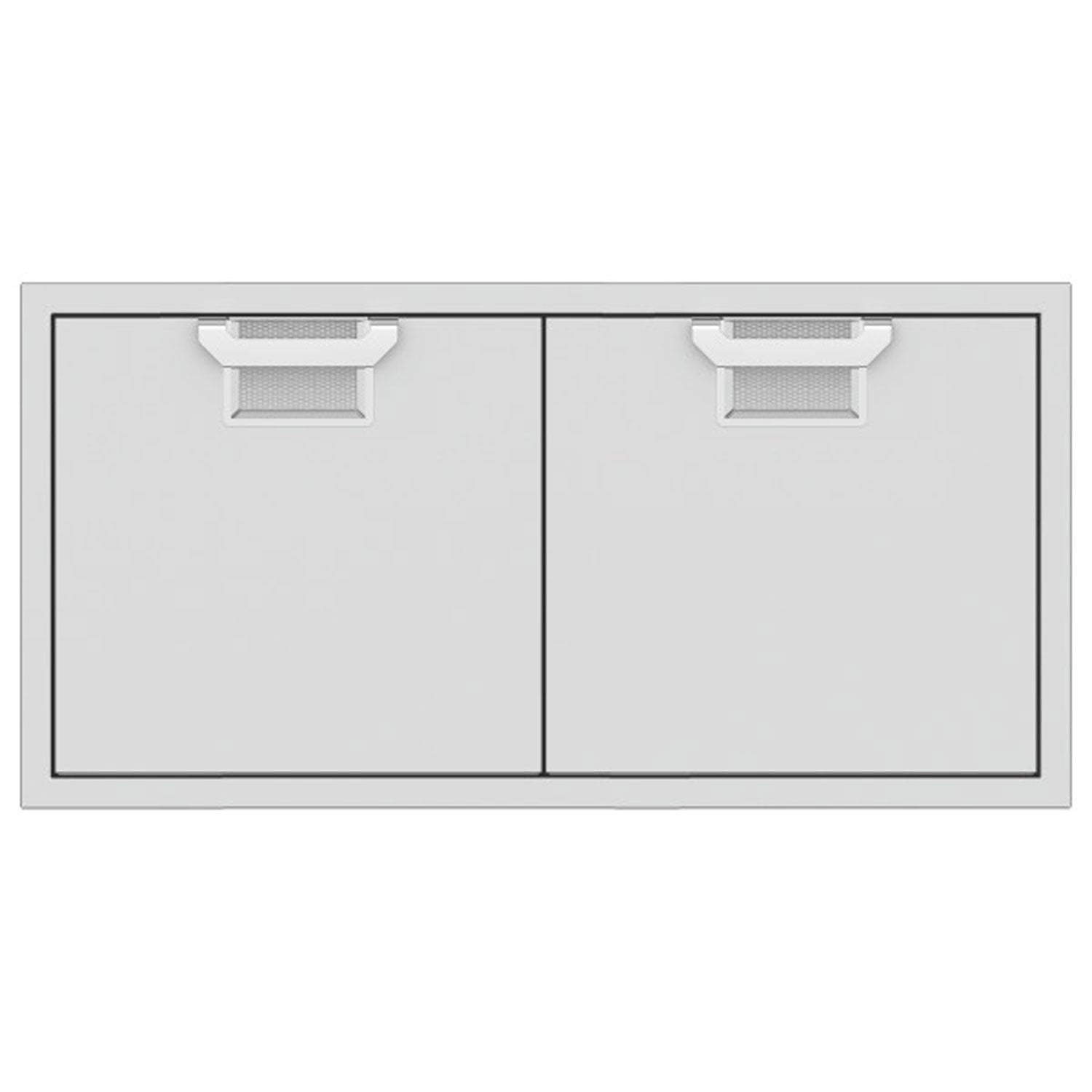 Double access doors with two square gray mesh vents, light gray metal frame