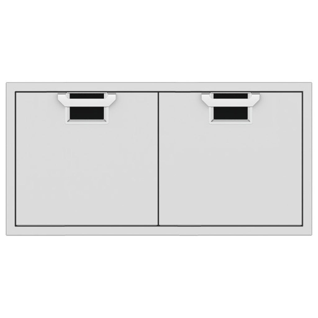 Double access doors with two square dark mesh vents, light gray metal frame