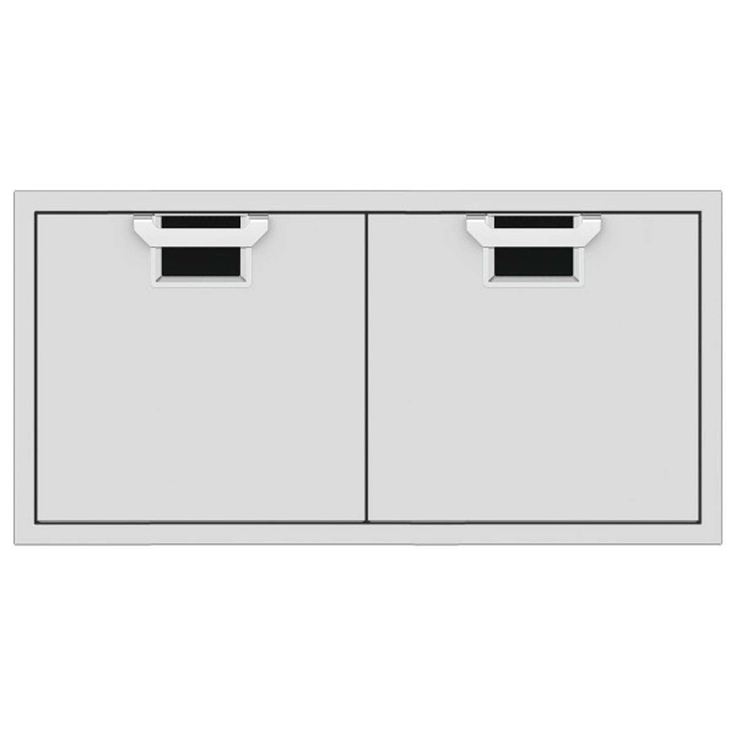 Double access doors with two square dark mesh vents, light gray metal frame