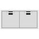 Double access doors with two square dark mesh vents, light gray metal frame
