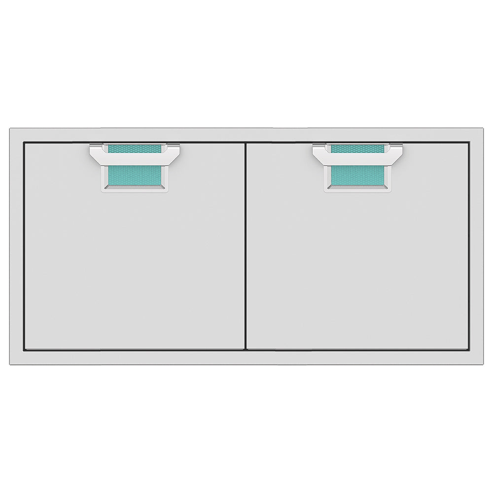 Double access doors with two square teal mesh vents, light gray metal frame