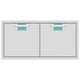 Double access doors with two square teal mesh vents, light gray metal frame