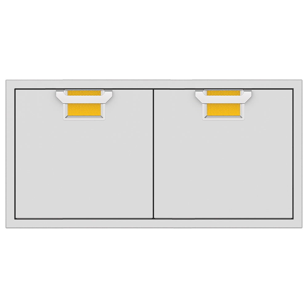 Double access doors with two square yellow mesh vents, light gray metal frame