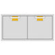 Double access doors with two square yellow mesh vents, light gray metal frame
