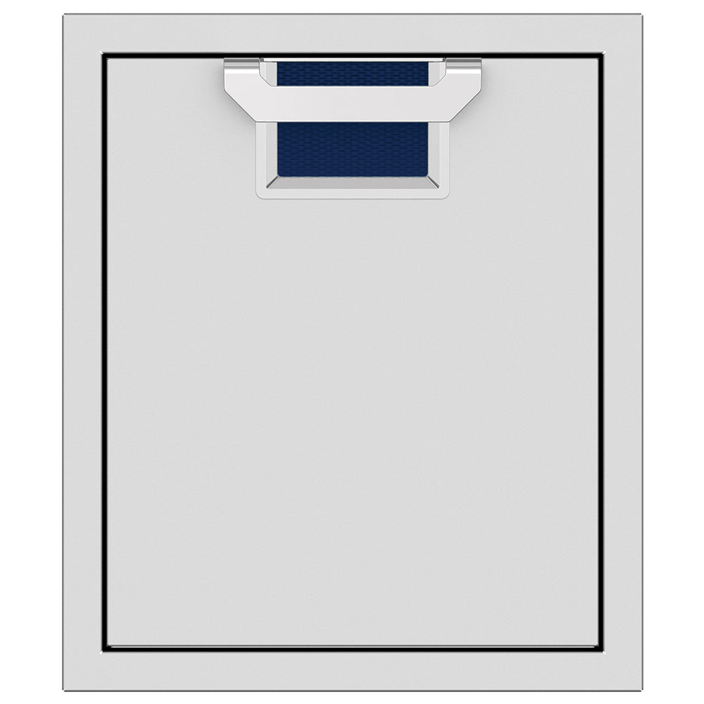 Single access door with mesh vent and deep blue color insert, light gray frame and black border