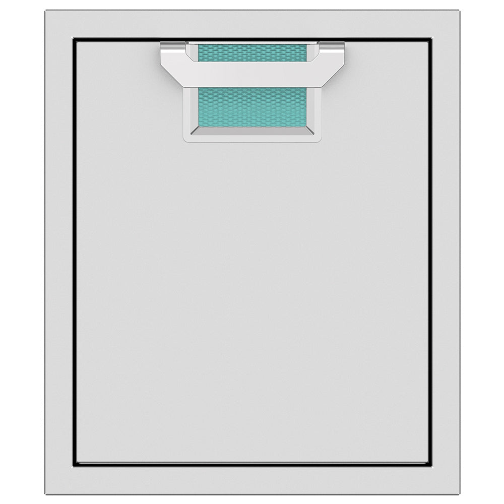 Single access door with mesh vent and teal color insert, light gray frame and black border
