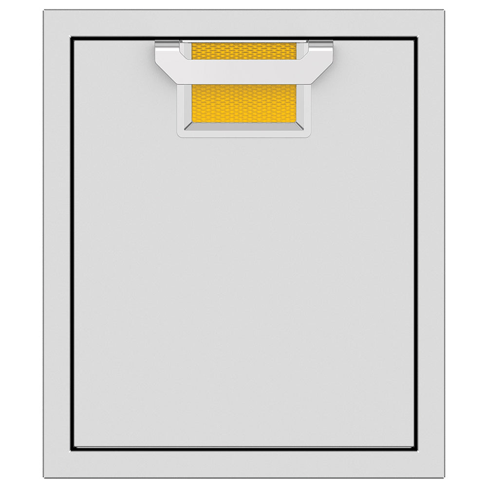 Single access door with mesh vent and yellow color insert, light gray frame and black border