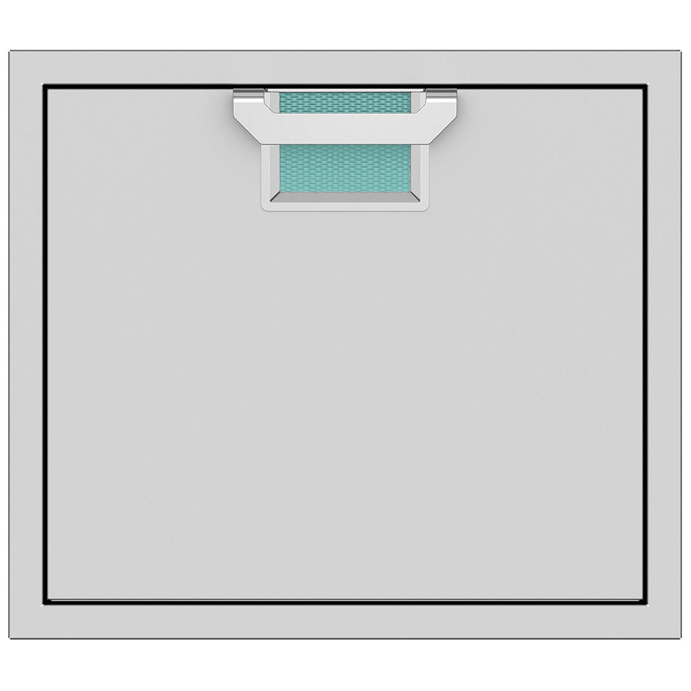 Stainless single access door with teal textured vent insert and recessed handle, 24-inch