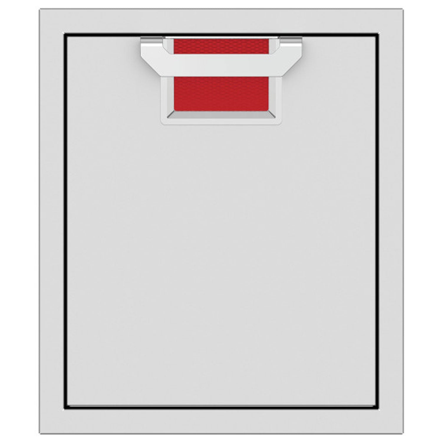 Single access door with mesh vent and red color insert, light gray frame and black border