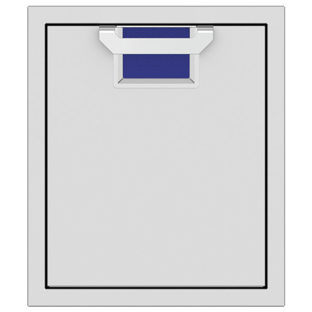 Single access door with mesh vent and blue color insert, light gray frame and black border
