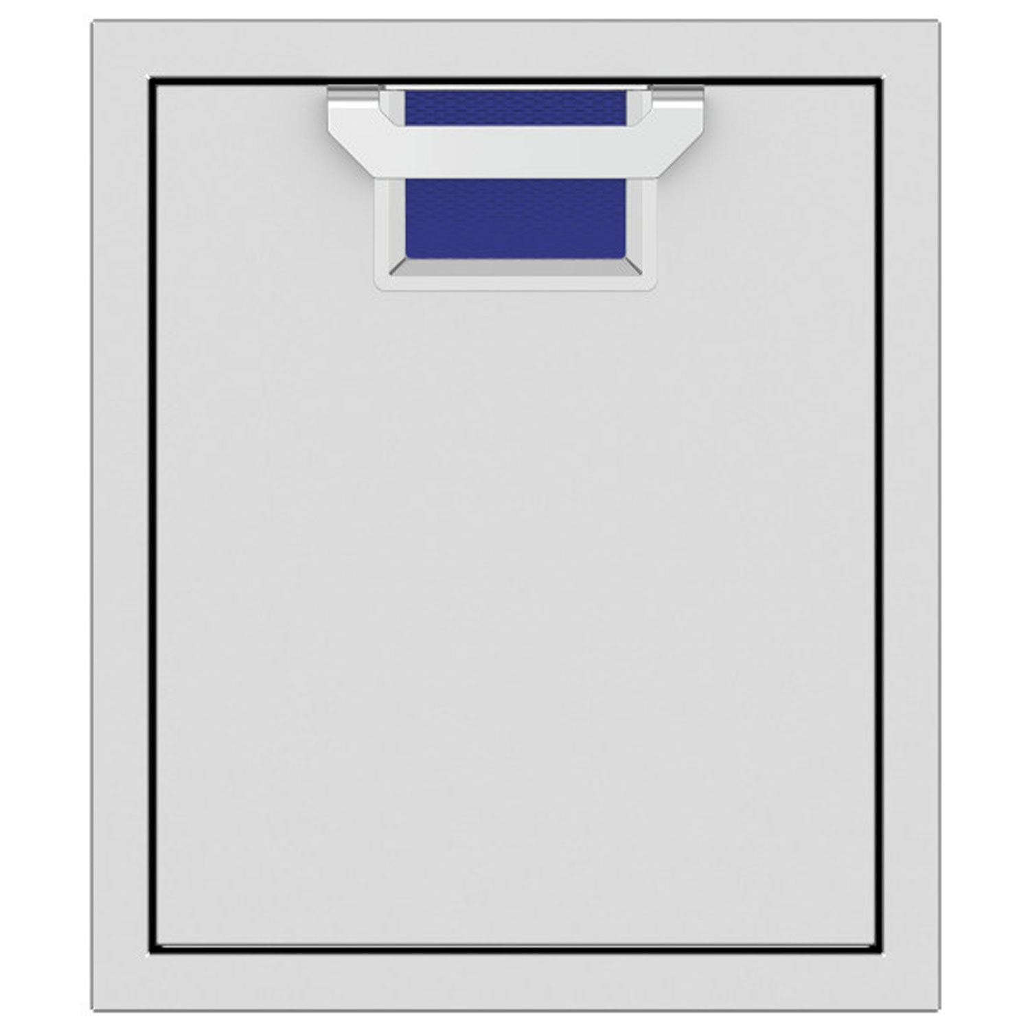 Single access door with mesh vent and blue color insert, light gray frame and black border