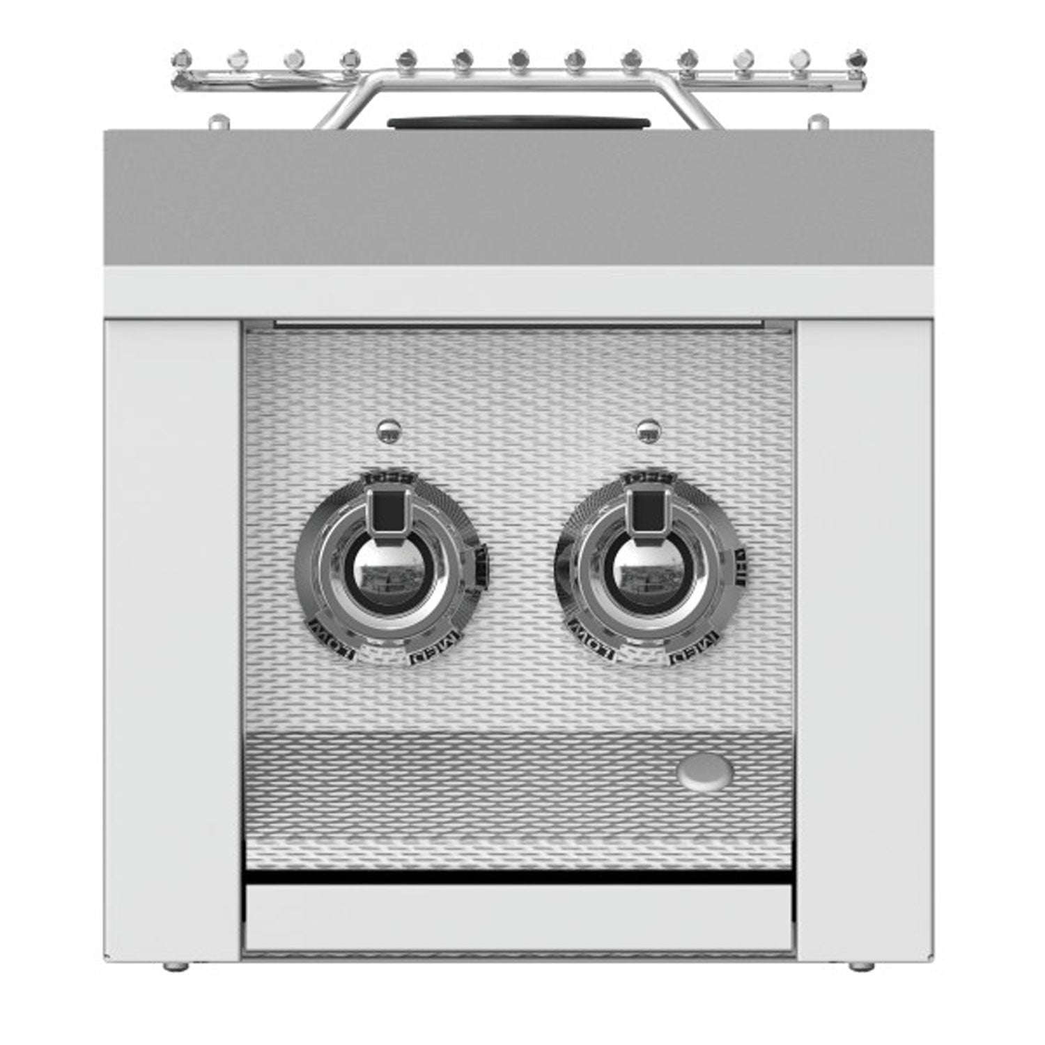 Stainless steel double side burner with two control knobs and mesh panel