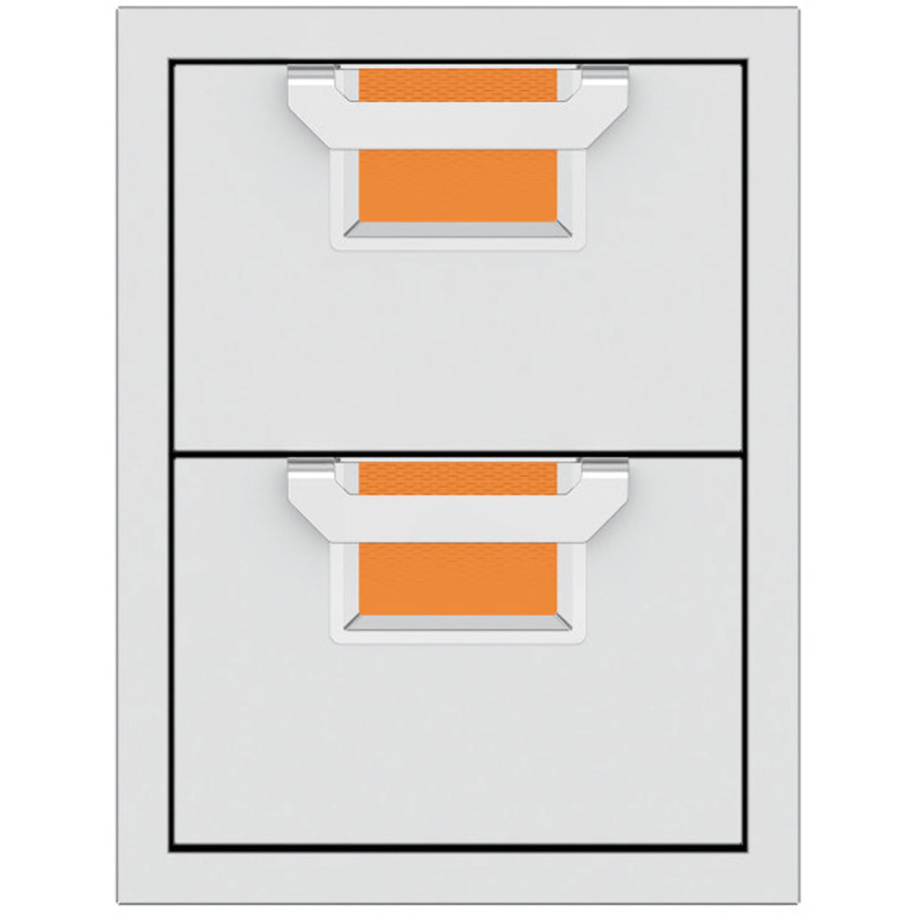 Double storage drawer unit with two closed drawers and textured orange pull-out trays inside.