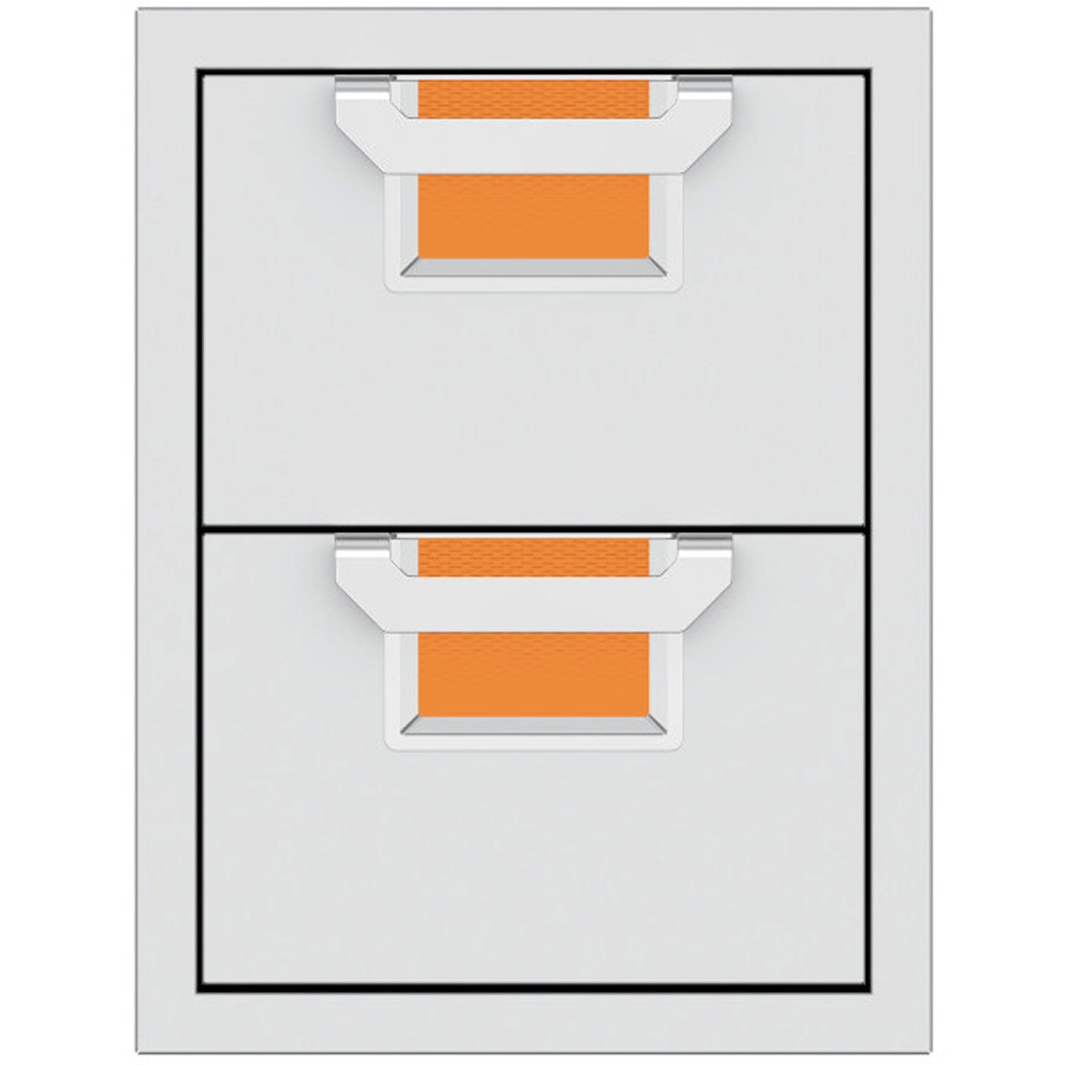 Double storage drawer unit with two closed drawers and textured orange pull-out trays inside.
