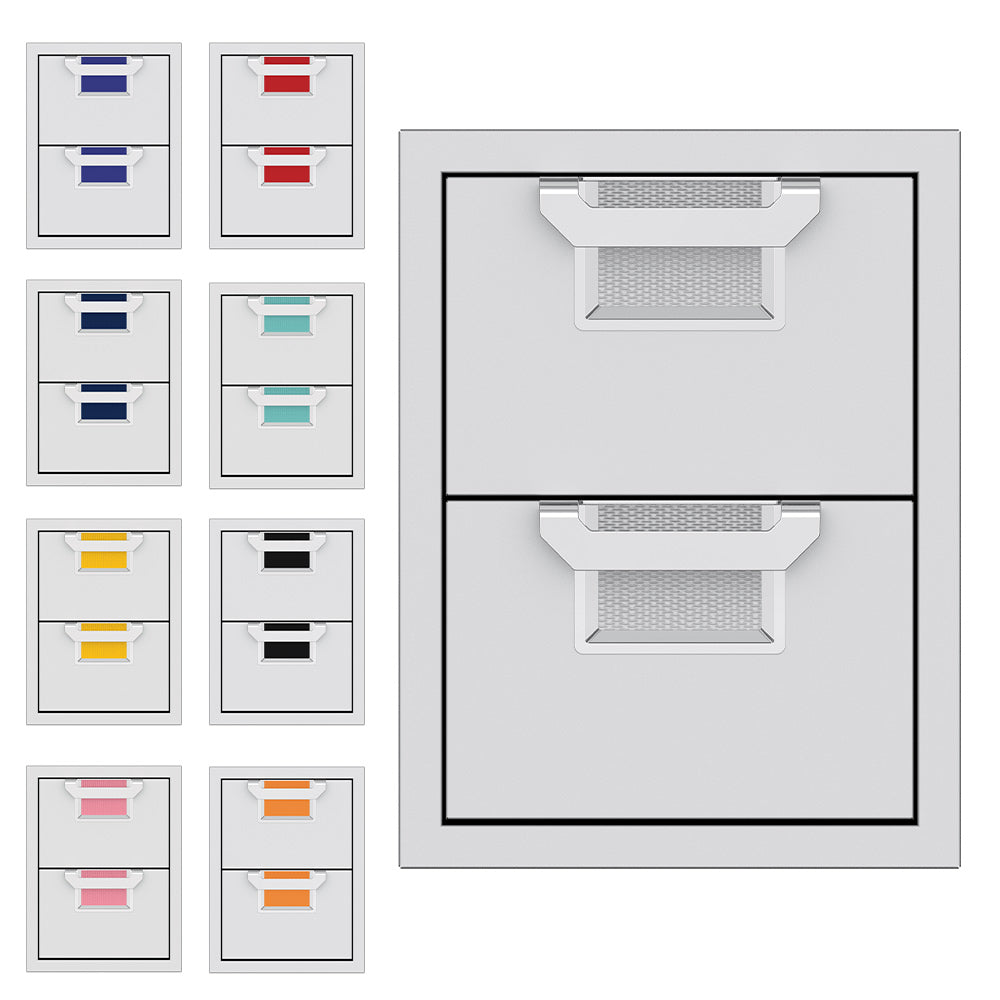 Double storage drawer unit with two drawers and color-lined pull-out trays (multiple options shown).