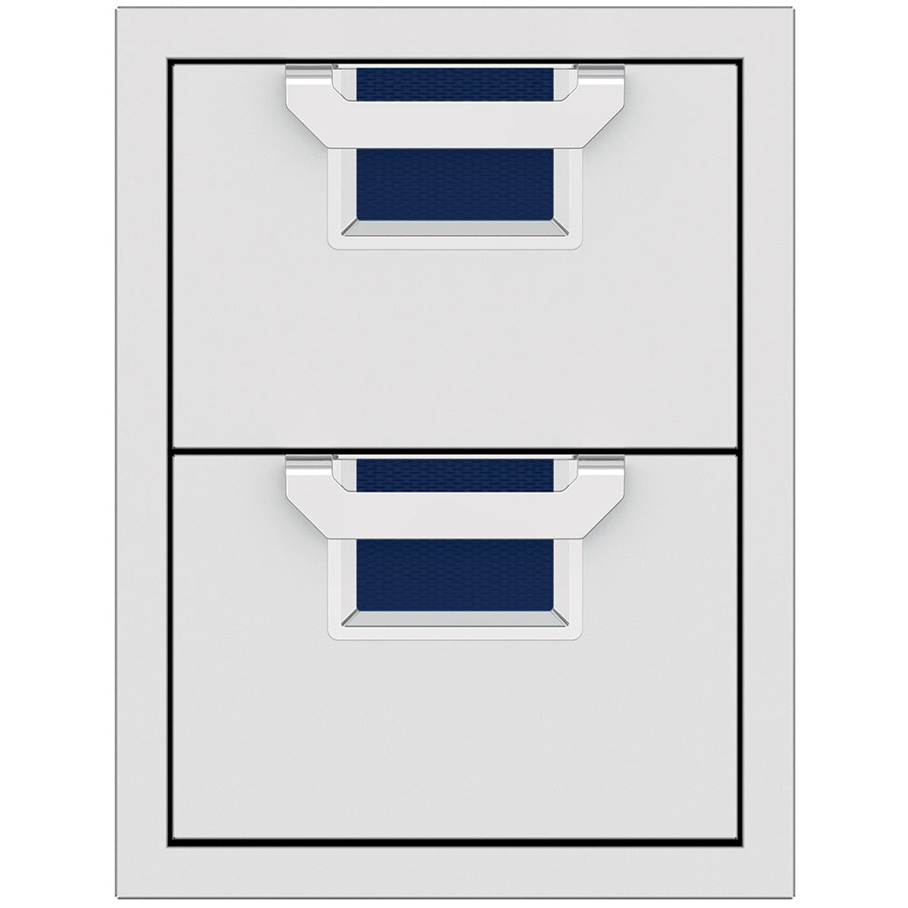 Double storage drawer unit with two closed drawers and textured dark blue pull-out trays inside.