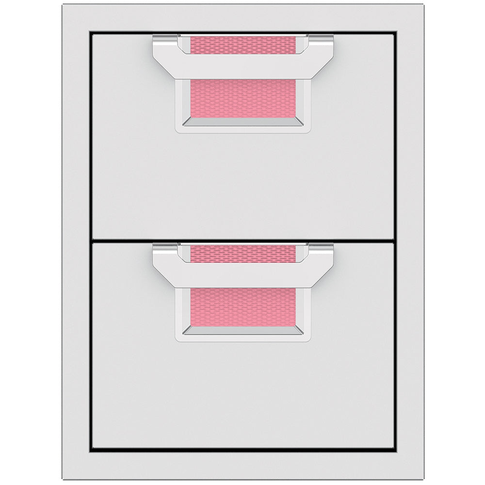 Double storage drawer unit with two closed drawers and textured pink pull-out trays inside.