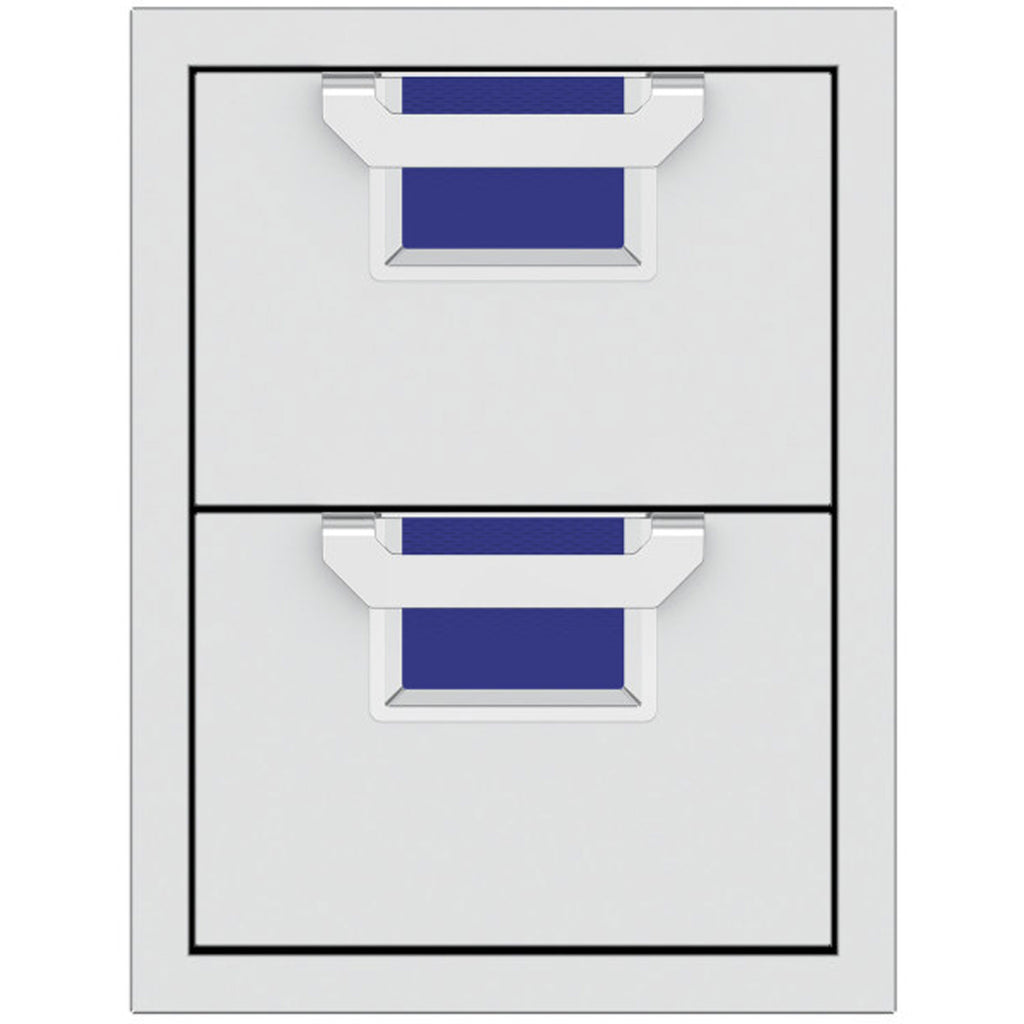Double storage drawer unit with two closed drawers and textured blue pull-out trays inside.